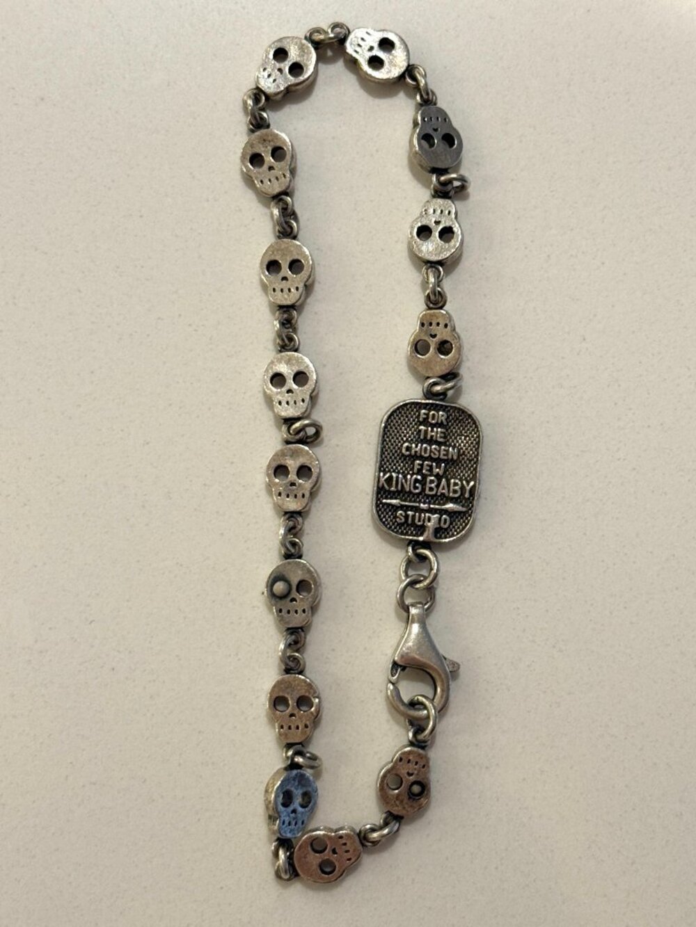 King Baby Studio .925 Sterling Silver Round Skull Chain Link Bracelet